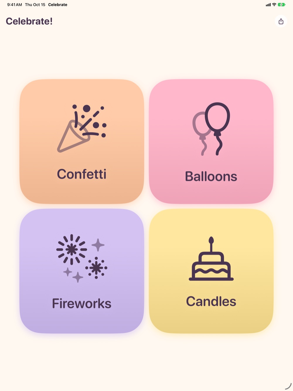Celebrate home screen on iPad with Confetti, Balloons, Fireworks, and Candles tiles