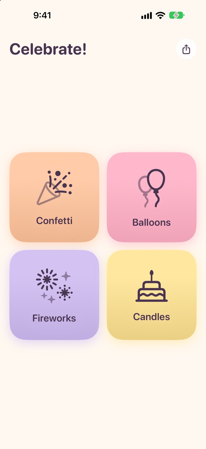 Celebrate home screen with Confetti, Balloons, Fireworks, and Candles tiles